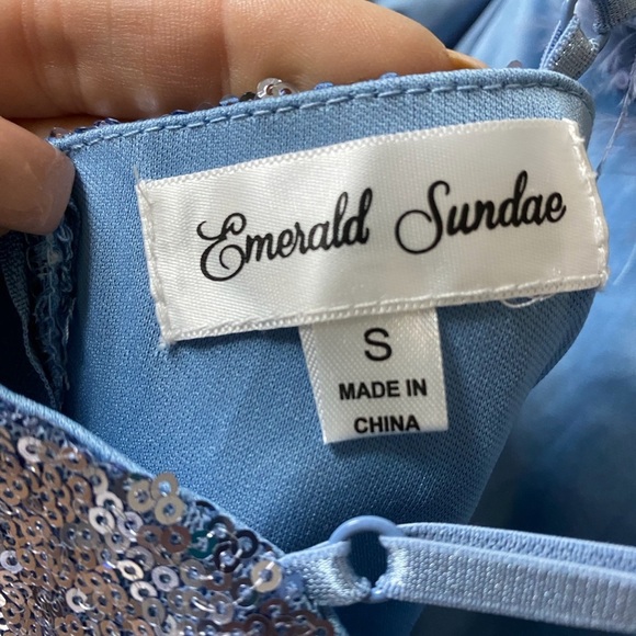 NWT Emerald Sundae Feather Trim Sequin Bodycon Dress in Ice Blue - Picture 5 of 6